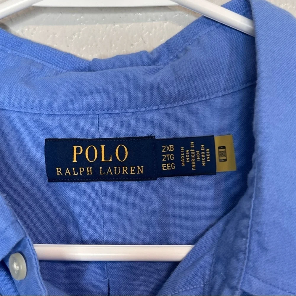 Ralph Lauren Shirt Mens 2XB Blue Button Up Yellow Pony Logo Short Sleeve